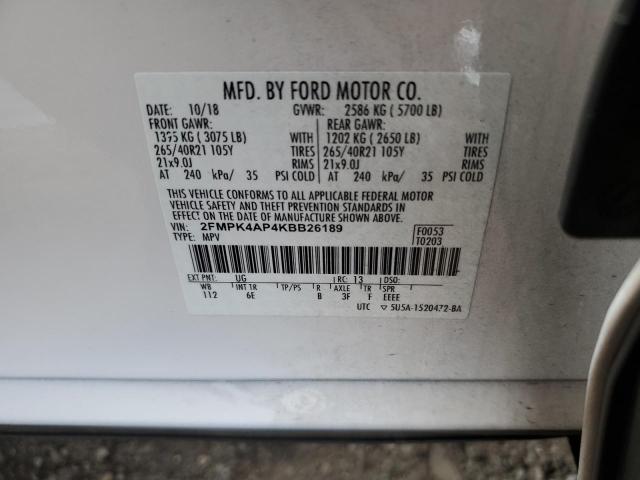 2FMPK4AP4KBB26189 - 2019 FORD EDGE ST WHITE photo 13