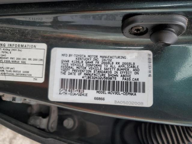 4T1BE32K02U589875 - 2002 TOYOTA CAMRY LE GREEN photo 12