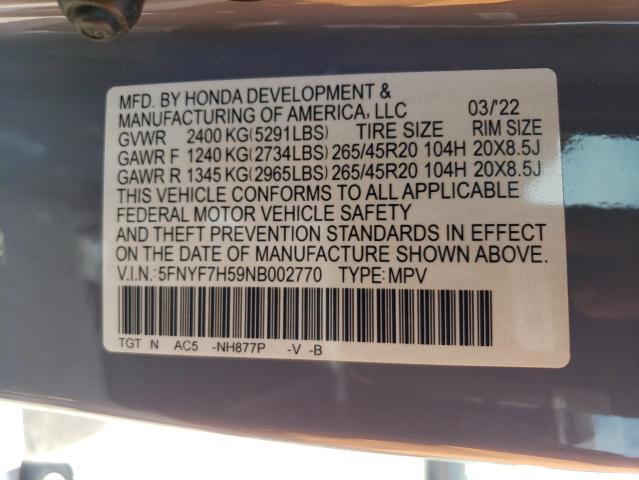 5FNYF7H59NB002770 - 2022 HONDA PASSPORT EXL Gris foto 14