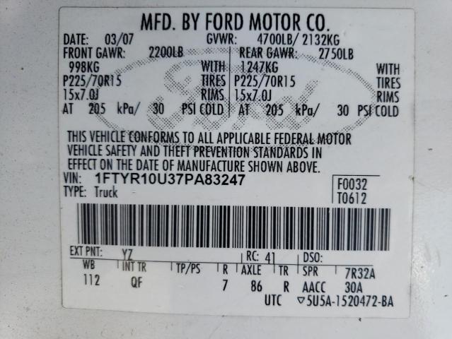 1FTYR10U37PA83247 - 2007 FORD RANGER WHITE photo 12