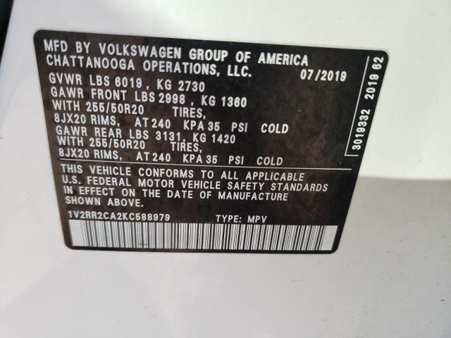 1V2RR2CA2KC588979 - 2019 VOLKSWAGEN ATLAS SEL WHITE photo 13