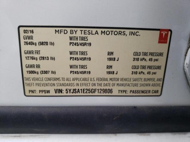 5YJSA1E25GF129806 - 2016 TESLA MODEL S Սպիտակ լուսանկար 12