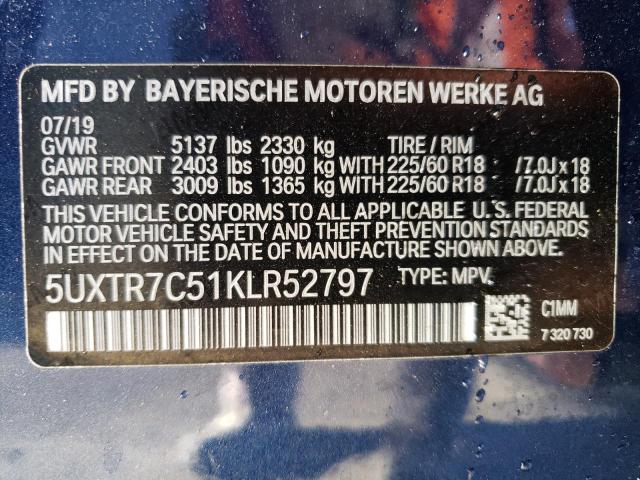 5UXTR7C51KLR52797 - 2019 BMW X3 SDRIVE30I BLUE photo 13