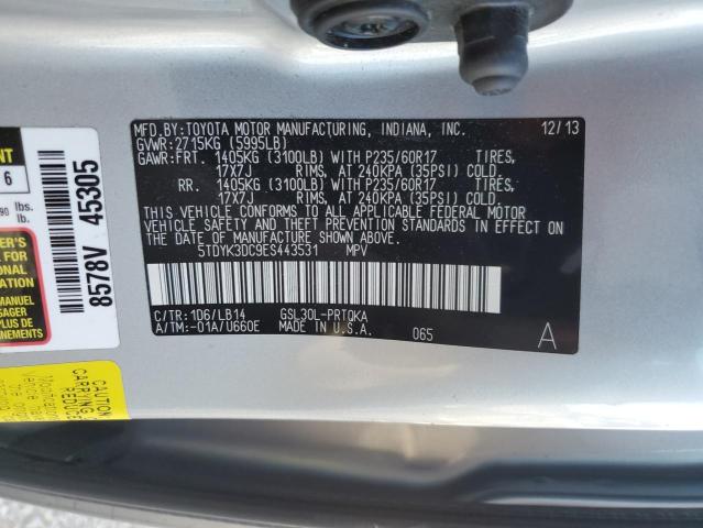 5TDYK3DC9ES443531 - 2014 TOYOTA SIENNA XLE SILVER photo 14