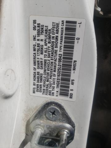 1HGES16325L019843 - 2005 HONDA CIVIC DX VP WHITE photo 12