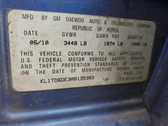 KL1TD6DE3AB135383 - 2010 CHEVROLET AVEO LS 蓝色 照片 12