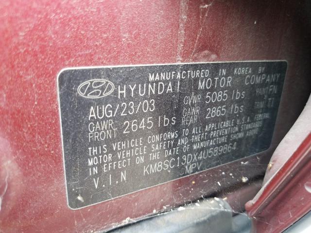 KM8SC13DX4U589864 - 2004 HYUNDAI SANTA FE GLS BURGUNDY photo 10