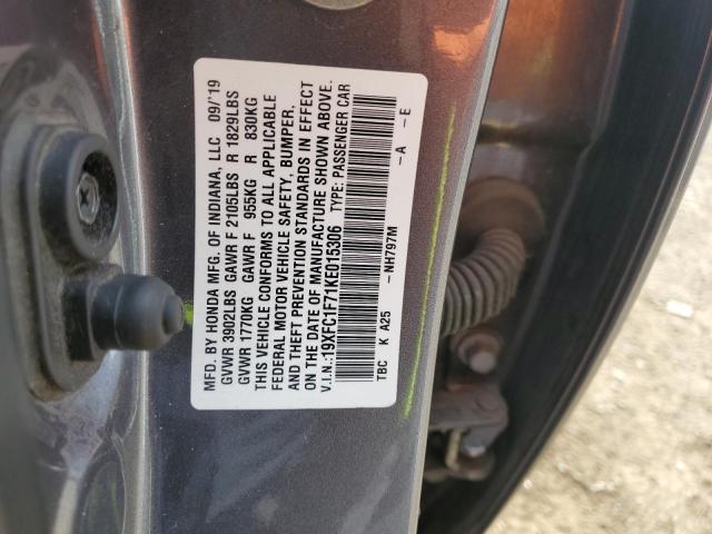 19XFC1F71KE015306 - 2019 HONDA CIVIC EXL ნაცრისფერი ფოტო 12