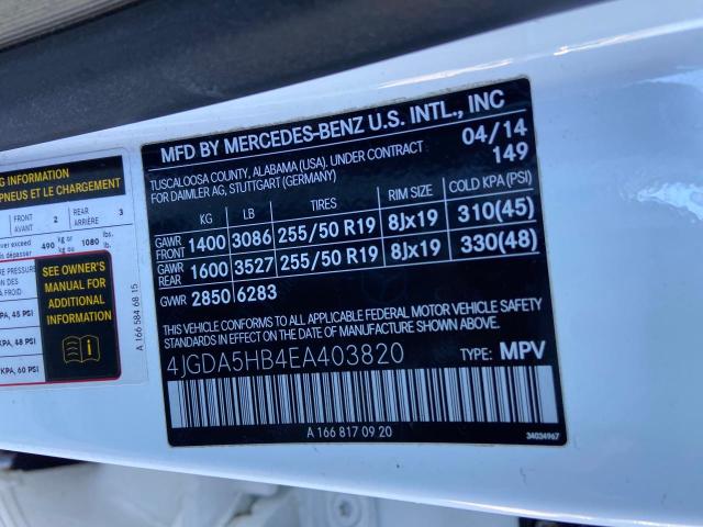 4JGDA5HB4EA403820 - 2014 MERCEDES-BENZ ML 350 4MATIC WHITE photo 12