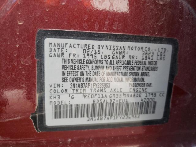 3N1AB7AP1FY236953 - 2015 NISSAN SENTRA S MAROON photo 12