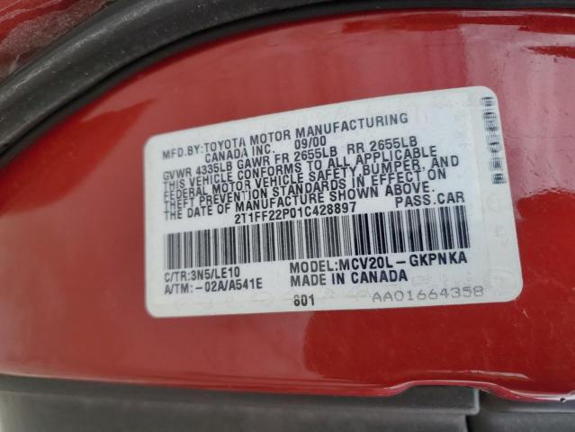 2T1FF22P01C428897 - 2001 TOYOTA CAMRY SOLA SE RED photo 12