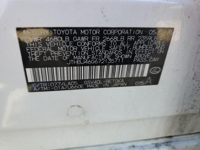 JTHBJ46G672135711 - 2007 LEXUS ES 350 WHITE photo 12