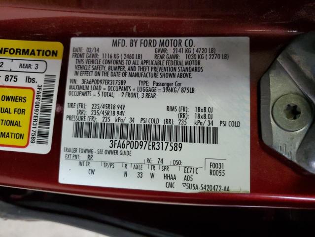 3FA6P0D97ER317589 - 2014 FORD FUSION TITANIUM RED photo 12