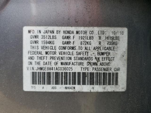 JHMGE8H41AC036025 - 2010 HONDA FIT SPORT SILVER photo 12