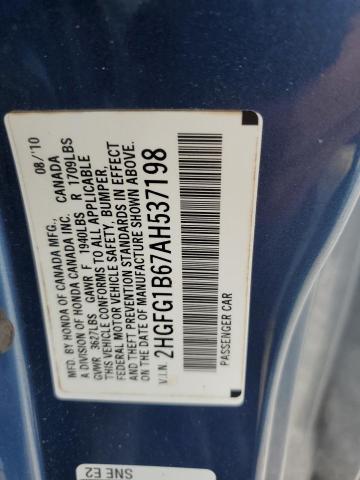 2HGFG1B67AH537198 - 2010 HONDA CIVIC LX BLUE photo 13