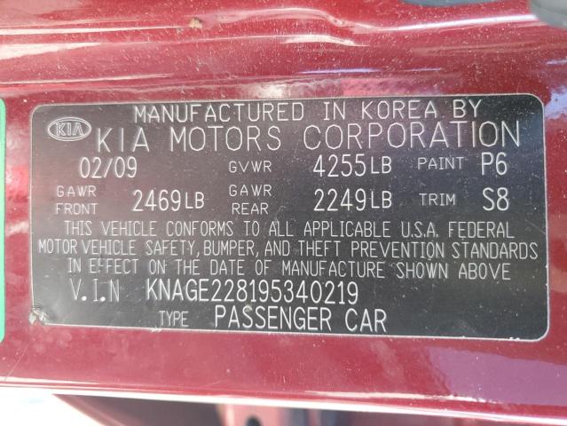 KNAGE228195340219 - 2009 KIA OPTIMA LX RED photo 12