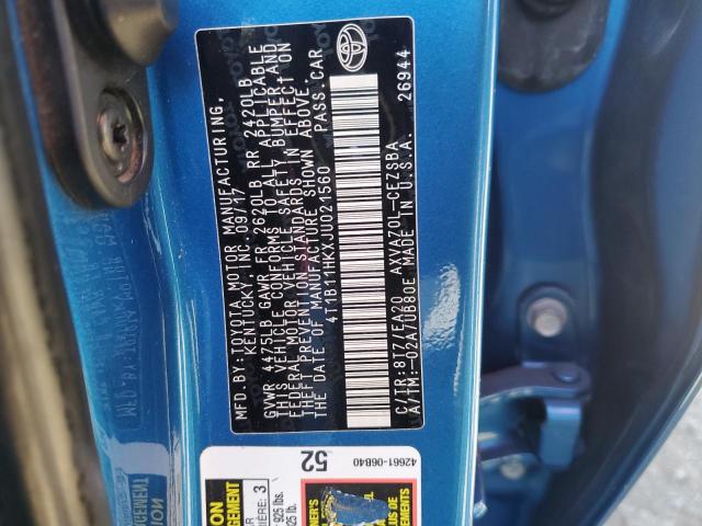 4T1B11HKXJU021560 - 2018 TOYOTA CAMRY L BLUE photo 12