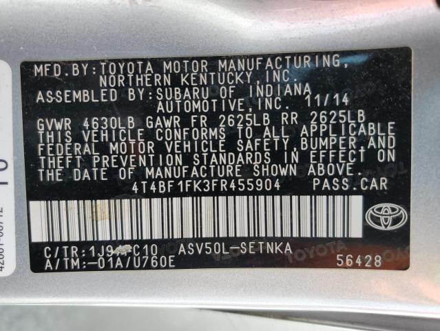 4T4BF1FK3FR455904 - 2015 TOYOTA CAMRY LE SILVER photo 12