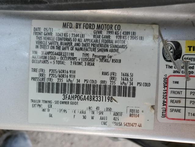 3FAHP0GA4BR331198 - 2011 FORD FUSION S SILVER photo 13