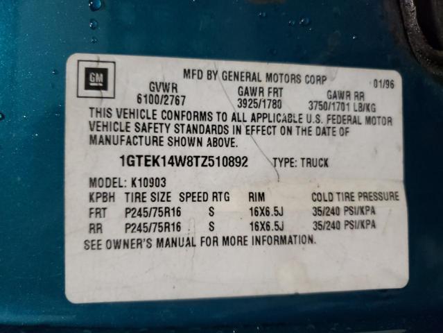 1GTEK14W8TZ510892 - 1996 GMC SIERRA K1500 TEAL photo 12