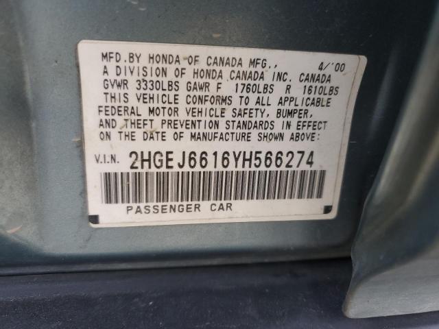 2HGEJ6616YH566274 - 2000 HONDA CIVIC BASE TEAL photo 12