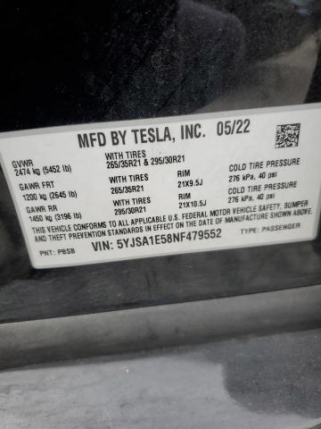 5YJSA1E58NF479552 - 2022 TESLA MODEL S BLACK photo 12