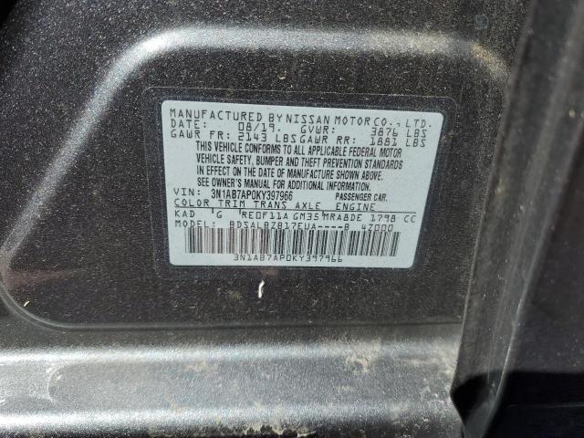 3N1AB7AP0KY397966 - 2019 NISSAN SENTRA S GRAY photo 12