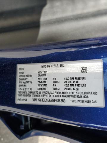 5YJ3E1EA2NF288859 - 2022 TESLA MODEL 3 BLUE photo 13