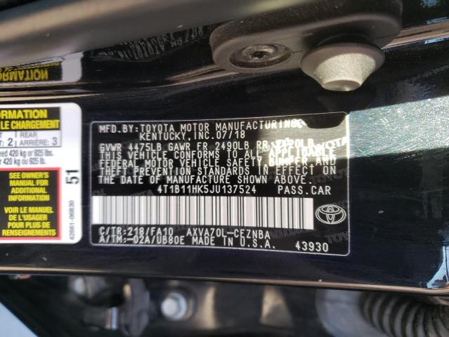 4T1B11HK5JU137524 - 2018 TOYOTA CAMRY L BLACK photo 12