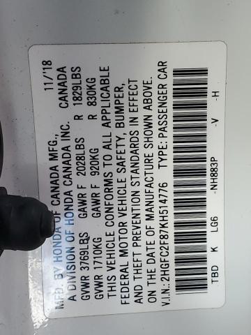 2HGFC2F87KH514776 - 2019 HONDA CIVIC SPORT WHITE photo 12