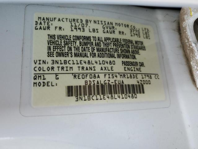 3N1BC11E48L410480 - 2008 NISSAN VERSA S WHITE photo 12