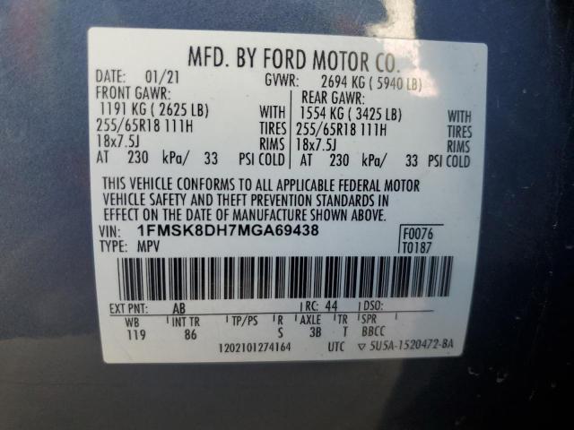 1FMSK8DH7MGA69438 - 2021 FORD EXPLORER XLT BLUE photo 13