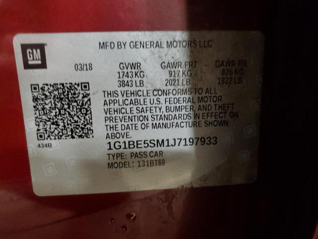 1G1BE5SM1J7197933 - 2018 CHEVROLET CRUZE LT RED photo 13