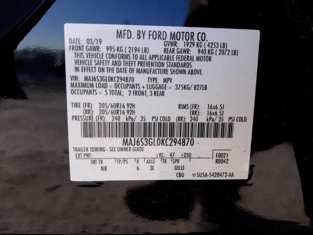 MAJ6S3GL0KC294870 - 2019 FORD ECOSPORT SE Negro foto 12