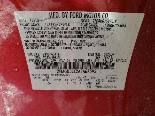 2FMGK5CC2ABA67593 - 2010 FORD FLEX SEL RED photo 13