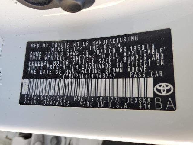 5YFBURHE4EP148747 - 2014 TOYOTA COROLLA L WHITE photo 12