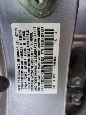 19XFC1F39KE013137 - 2019 HONDA CIVIC EX SILVER photo 12