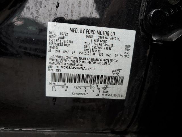 1FM5K8AW3NNA11503 - 2022 FORD EXPLORER POLICE INTERCEPTOR 黑色 照片 12