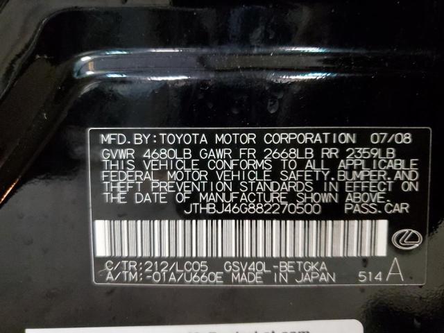 JTHBJ46G882270500 - 2008 LEXUS ES350 350 BLACK photo 12