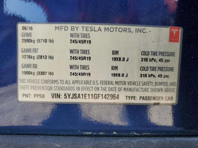 5YJSA1E11GF142964 - 2016 TESLA MODEL S BLUE photo 12