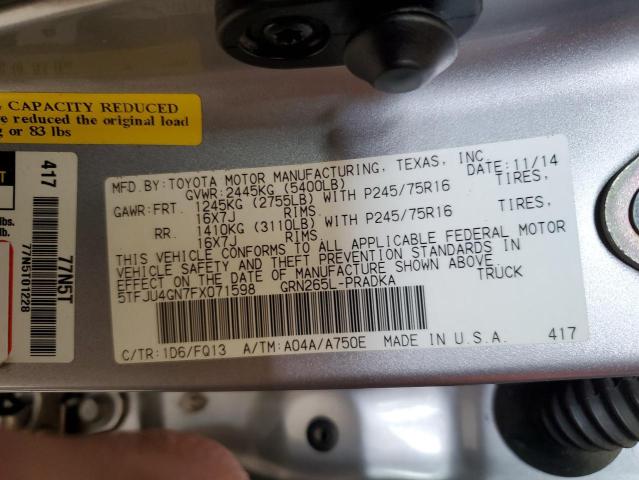 5TFJU4GN7FX071598 - 2015 TOYOTA TACOMA DOUBLE CAB PRERUNNER SILVER photo 12