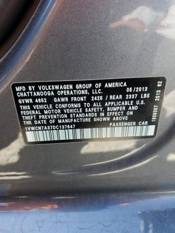 1VWCN7A37DC137647 - 2013 VOLKSWAGEN PASSAT SEL GRAY photo 12