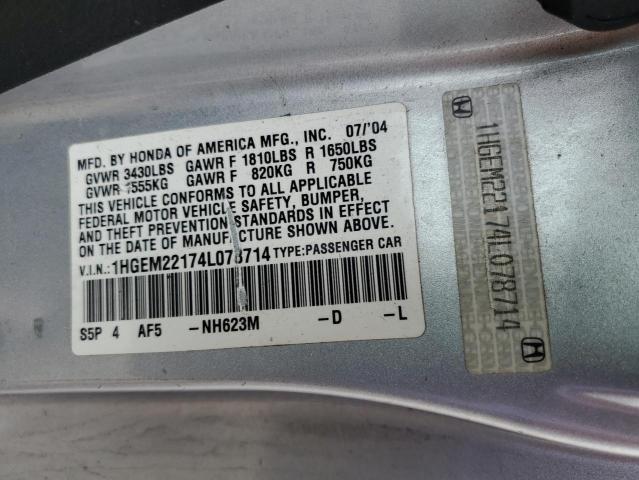 1HGEM221V4L078714 - 2004 HONDA CIVIC DX VP Silber Foto 12