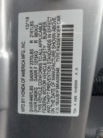 19UUB1F38KA006548 - 2019 ACURA TLX SILVER photo 12