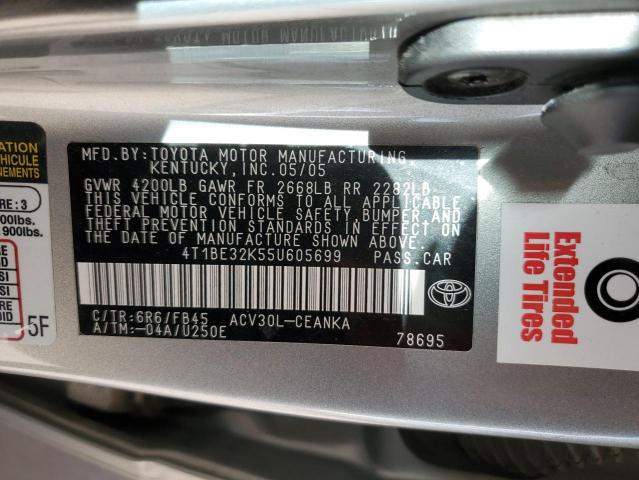4T1BE32K55U605699 - 2005 TOYOTA CAMRY LE SILVER photo 12