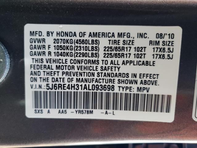 5J6RE4H31AL093698 - 2010 HONDA CR-V LX GRAY photo 13