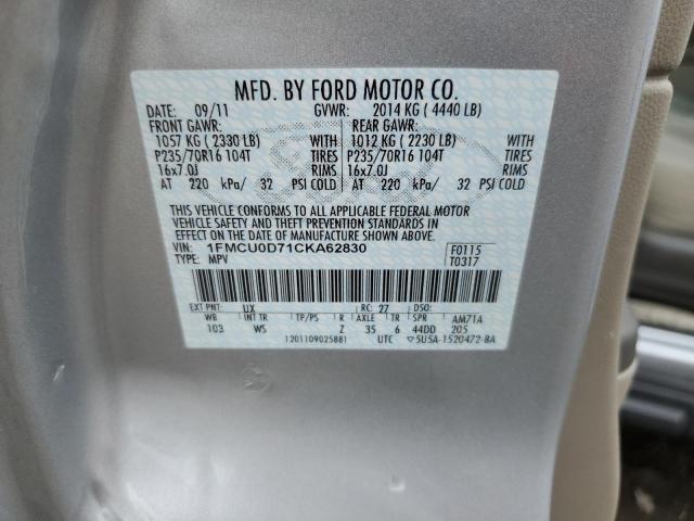 1FMCU0D71CKA62830 - 2012 FORD ESCAPE XLT SILVER photo 12