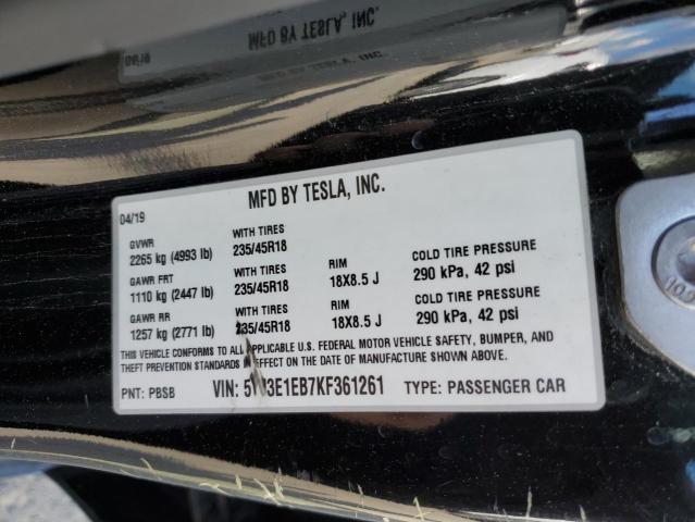 5YJ3E1EB7KF361261 - 2019 TESLA MODEL 3 BLACK photo 13