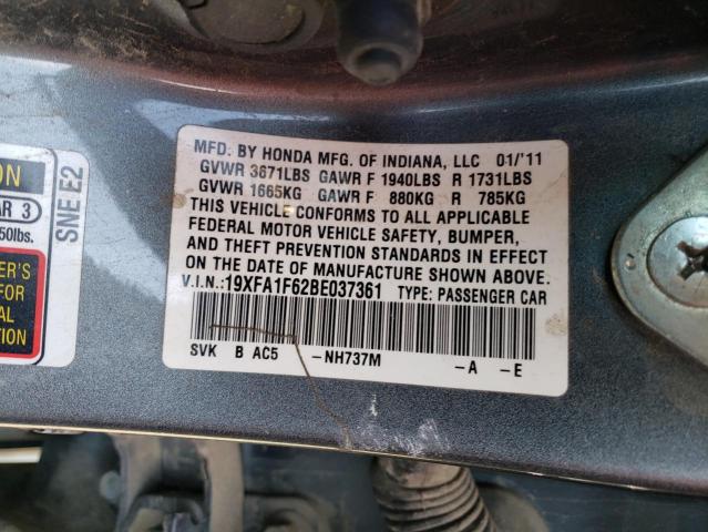 19XFA1F62BE037361 - 2011 HONDA CIVIC LX-S Gris foto 12