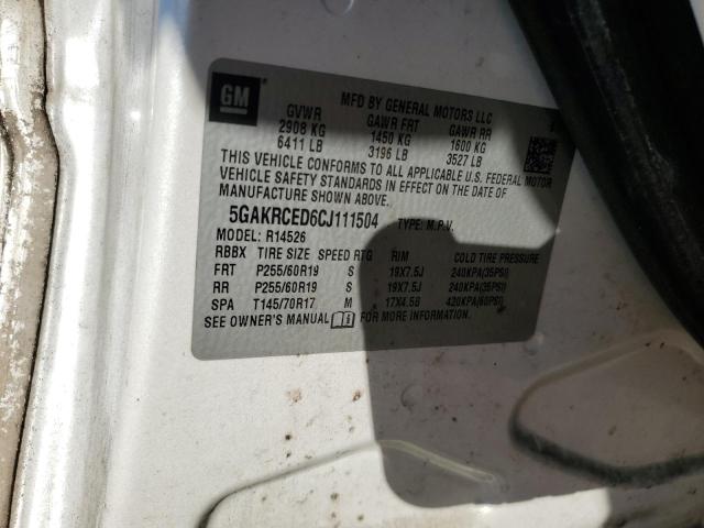5GAKRCED6CJ111504 - 2012 BUICK ENCLAVE WHITE photo 12